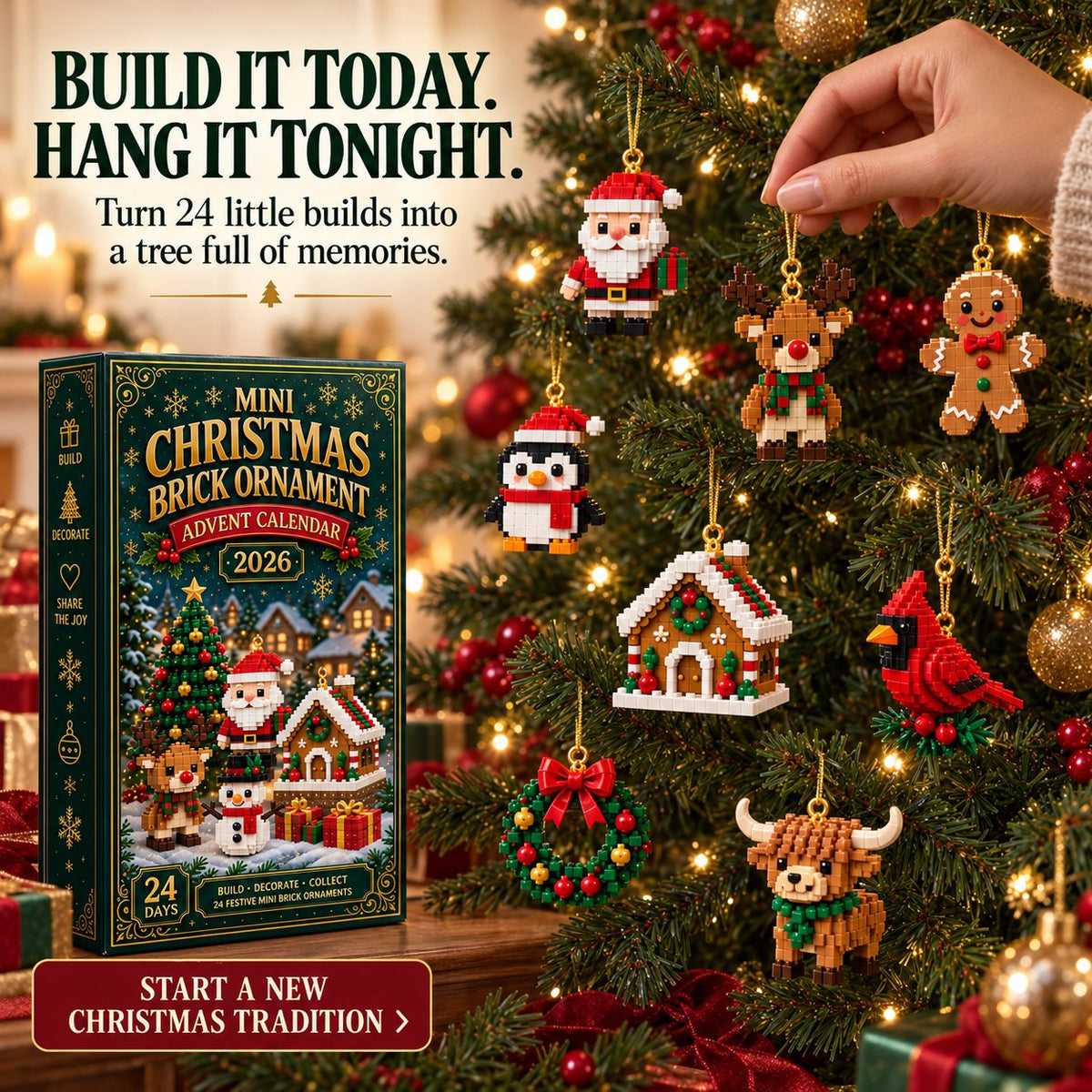 ⏳Early Bird Sale – 🎄 24-Day Mini Christmas Ornament Advent Calendar | 24 unique festive buildable designs with hanging loops—perfect for decorating Christmas trees, wreaths, and holiday displays 🧱