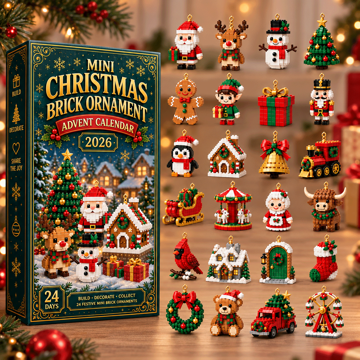 ⏳Early Bird Sale – 🎄 24-Day Mini Christmas Ornament Advent Calendar | 24 unique festive buildable designs with hanging loops—perfect for decorating Christmas trees, wreaths, and holiday displays 🧱